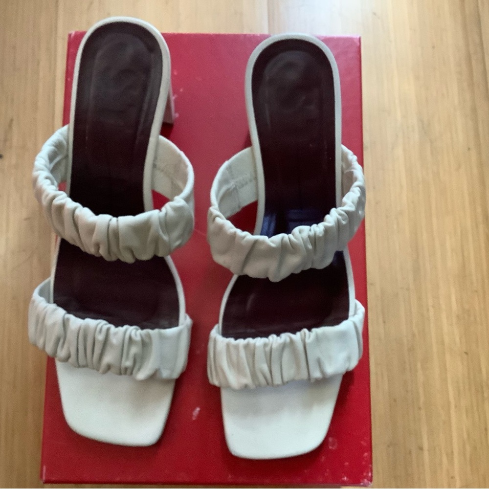 STAUD White Ruched Double-Strap Block Heels